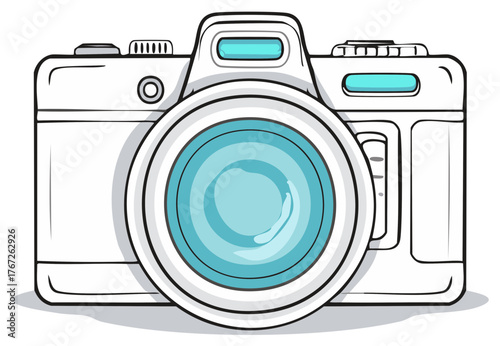 Illustration of a cartoon digital camera with a turquoise lens in a flat design