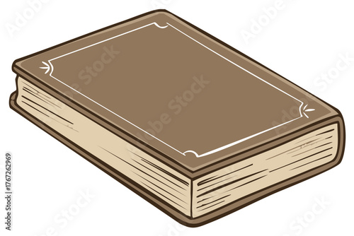 Closed brown hardcover book with ornate corner details, classic literature reading