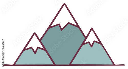 Three Mountains with Snowcapped Peaks and Maroon Outline Illustration