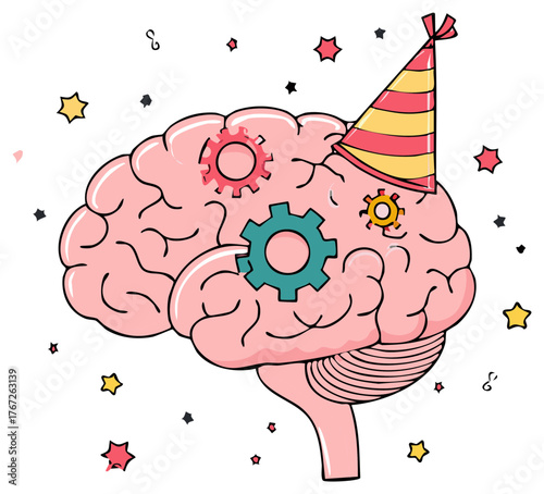 Celebrating Thinking Concept with Brain, Party Hat and Gears - Creativity and Mental Processing