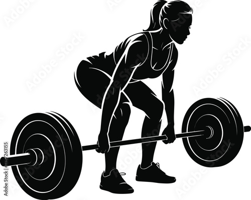 Deadlift exercise silhouette, weightlifting fitness vector, strength training artwork, barbell workout illustration, black and white gym lifestyle design