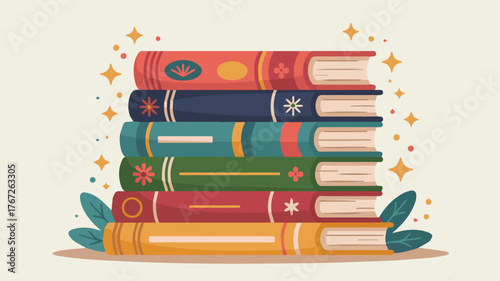 Vector art of stack of colorful books with decorative elements