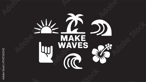 Vector art of make waves graphic with beach and surf icons