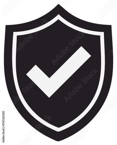Black shield with white check mark symbol symbolizing security and approval