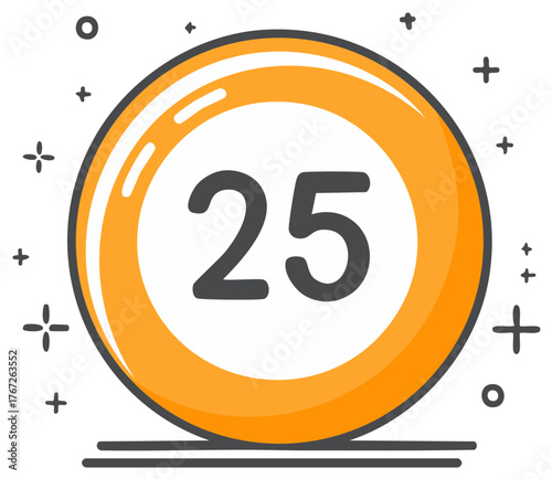 Illustrated orange Bingo ball with the number 25, decorative stars and dots, flat design vector graphics for lottery themes