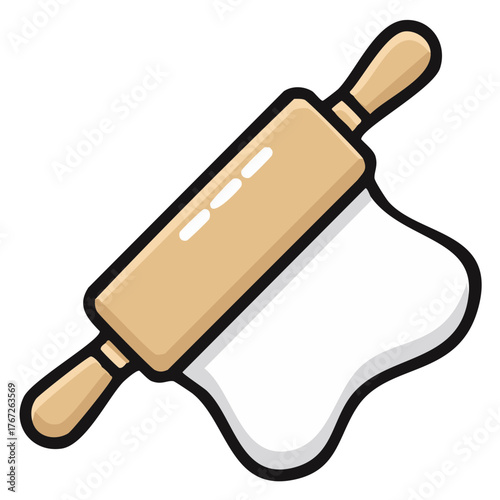 Simple vector illustration of a wooden rolling pin working with fresh white dough for baking