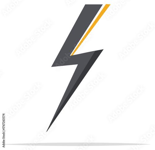 Dark grey three dimensional lightning symbol with a yellow accent on a white background