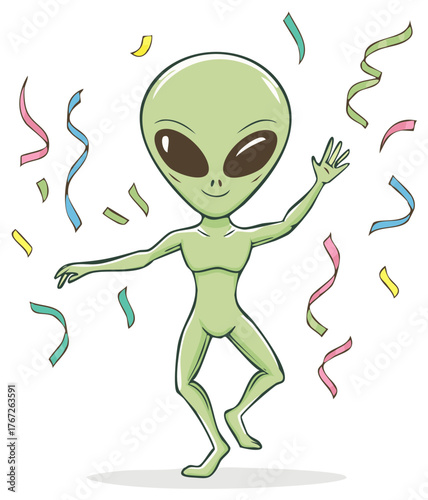 Cartoon alien dancing with colorful confetti illustration