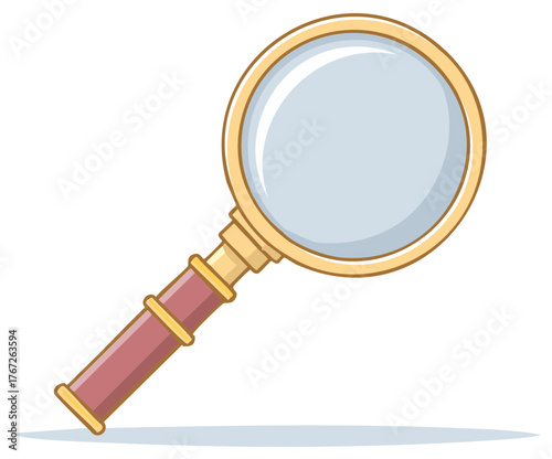 Cartoon Style Magnifying Glass with Gold Frame and Purple Handle Illustration