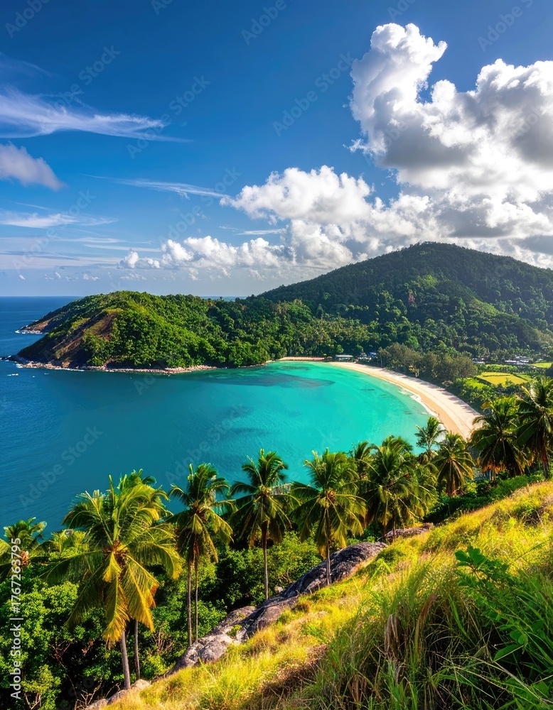 Obraz premium Tropical bay with clear turquoise water, lush hills, & sunny skies