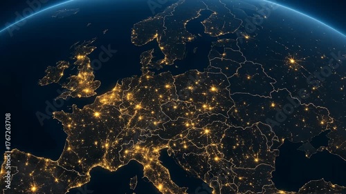 stunning aerial view of Europe illuminated at night from space, concept of global connectivity and technology, mapping and geography, zoom in