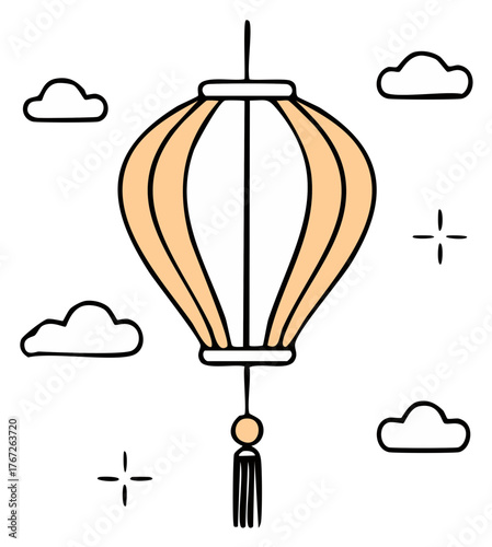Cartoon illustration of a paper lantern with clouds and star accents.