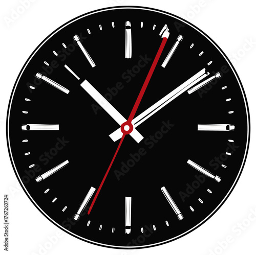 Minimalist black clock face with red second hand, isolated on white