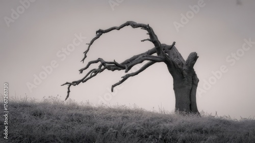 Obraz na płótnie Gnarled dead tree silhouette on foggy hillside