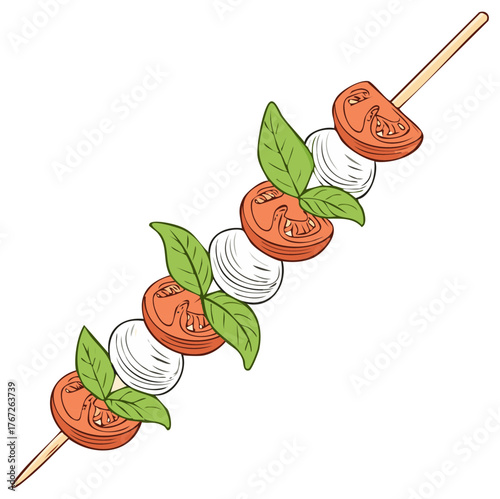 Caprese skewer with tomato, mozzarella, and basil. Italian food illustration.