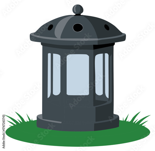 Ornate Post Lantern with Glass Panes and Decorative Top in Grassy Area