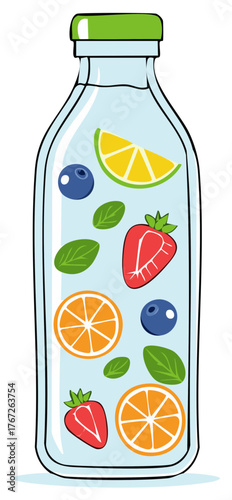 Refreshing fruit infused water in a bottle featuring strawberry, lemon, orange and blueberry pieces with fresh basil leaves