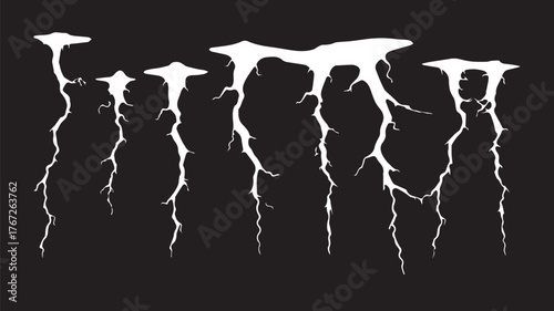 Vector art of multiple bright   lightning strikes illuminate the dark sky