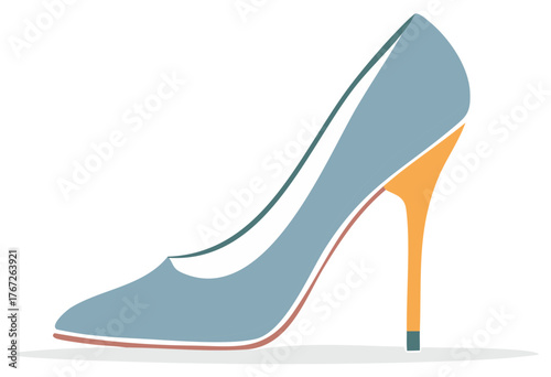 Elegant high heel shoe illustration with a pastel blue upper and striking orange heel in a stylized minimal vector.