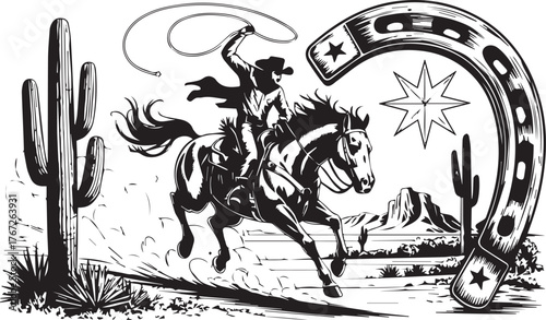 Vector art of cowboy on horse with lasso in desert landscape with horseshoe