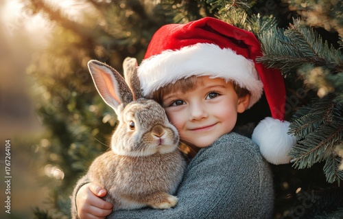 Little boy in santa hat hugging rabbit for christmas