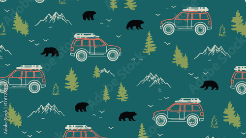 Vector art of adventure vehicle and wildlife pattern with mountains and trees