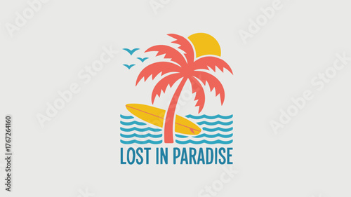 Vector art of retro lost in paradise logo with palm tree and surfboard
