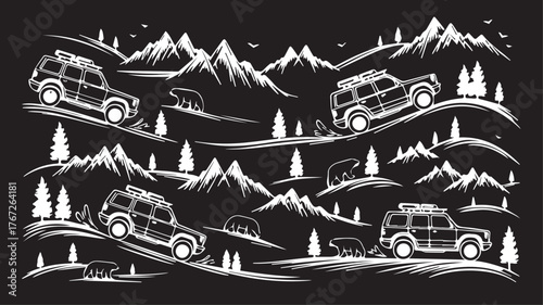 Vector art of offroad adventure with rugged vehicles navigating mountainous terrain