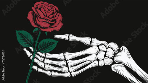 Vector art of skeleton hand holding a red rose against a
