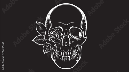 Vector art of white line drawing of a skull with a rose