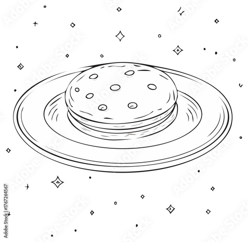 Creative line art of a pancake planet with a ring floating in a starry space