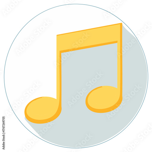 Vibrant yellow isometric music note icon with long shadow for audio and sound concepts