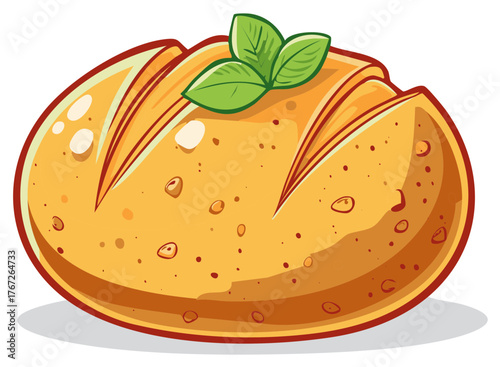 Cartoon Bread Loaf with Basil Illustration of Crusty Freshly Baked Artisan Bread Topped with Green Herbs
