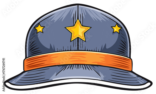 Stylized blue uniform cap with prominent gold stars and orange band illustration