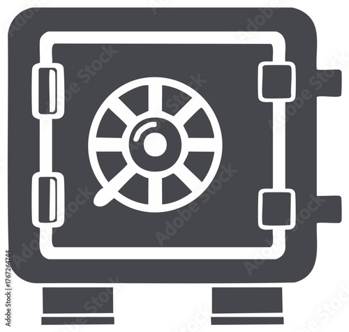 Iconic dark gray safe with a classic white combination lock dial and visible hinges representing security and storage