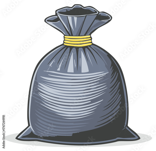 Filled trash bag illustration with yellow tie, waste management and disposal, pollution concept with cartoon design