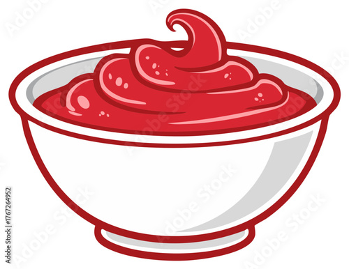 Vector illustration of a white bowl filled with red ketchup or salsa dip