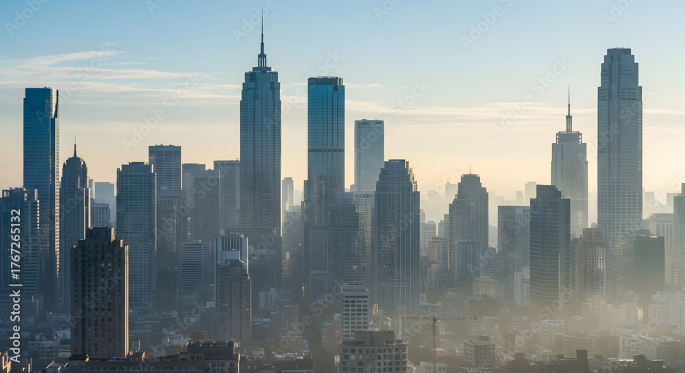 Fototapeta premium Skyline of modern city with skyscrapers and office buildings in the morning