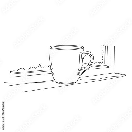 Mug resting on windowsill with frost in line art symbolizing solitude