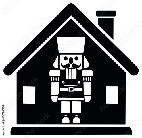 Nutcracker Figurine in House Outline Black and White Christmas Decoration