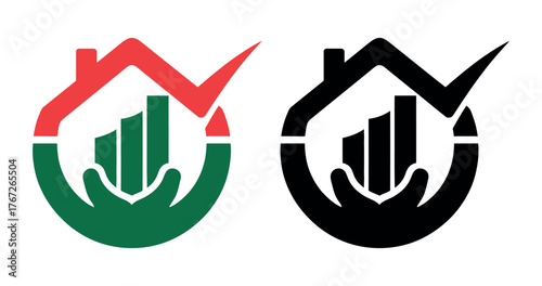 A stylized logo depicts growth and security with a house, hands, and a bar chart.