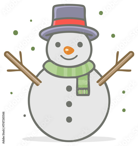 Cartoon Snowman with Hat and Scarf Smiling for Holiday Cheer, Winter Icon