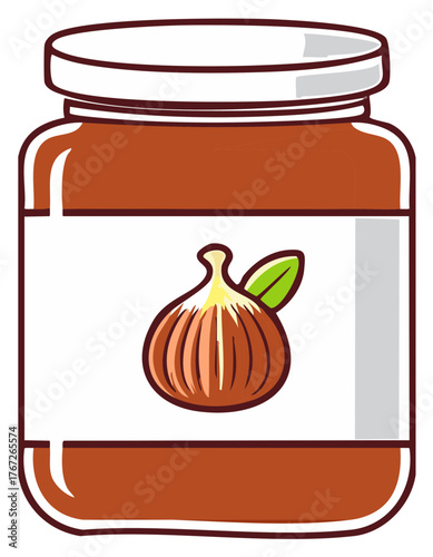 Glass jar of onion jam or relish, cartoon vector food illustration