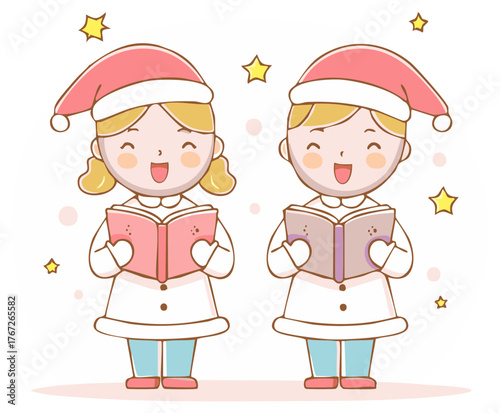 Two Cute Children in Santa Hats Singing Christmas Carols, Holiday Vector