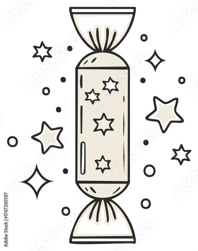 Festive wrapped candy bonbon illustration with stars and dots, a sweet holiday treat design