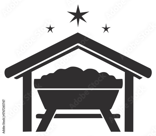 Simple Nativity Scene Silhouette with Manger and Stars for Christmas Holiday Season