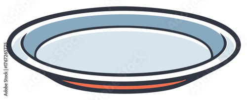 Simple illustration of an empty round ceramic plate with blue rim and orange stripe