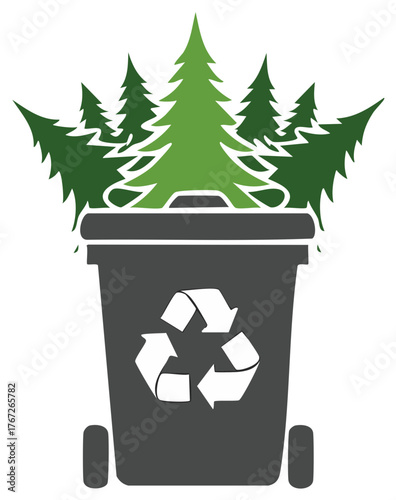 Recycling concept, Christmas trees in a garbage can with recycle logo, vector icon.