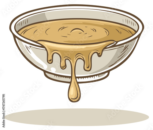 Cartoon illustration of a bowl filled with a liquid substance, overflowing with a drippy effect.