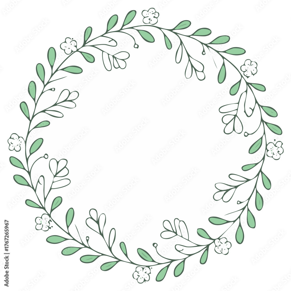 Fototapeta premium Floral wreath illustration with green leaves and delicate flowers